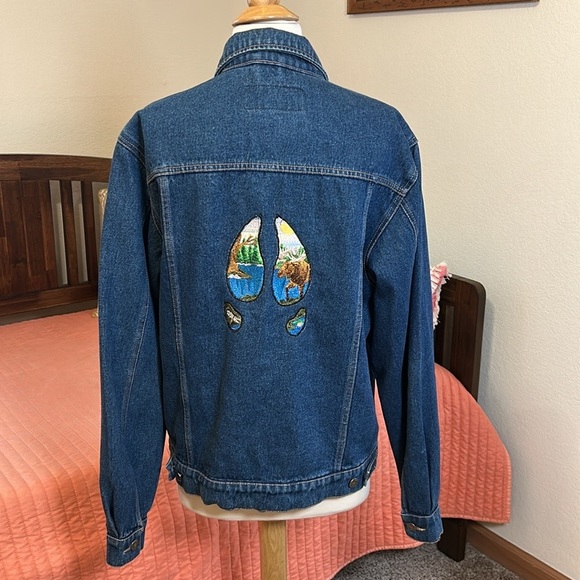 VTG Wrangler Hero Blue Denim Jacket, Custom moose hooves embroidered patch sz M - Picture 15 of 15